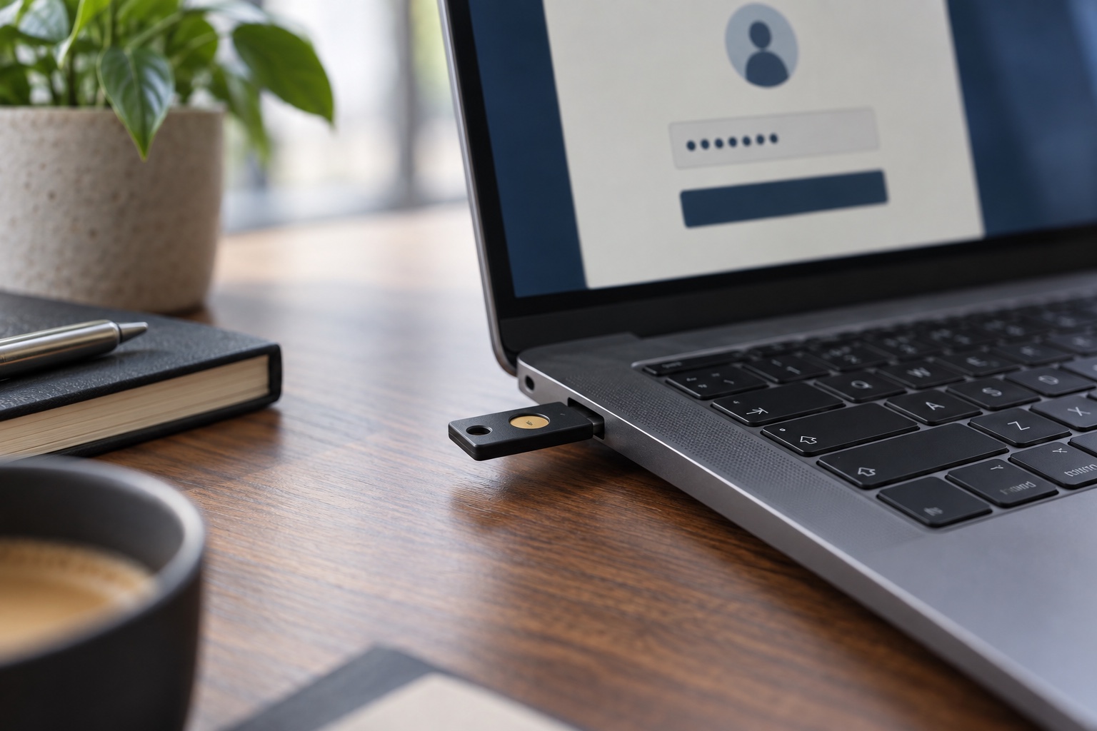 Visual illustrativo di una chiave di autenticazione collegata a un laptop per proteggere gli accessi